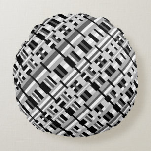 Plaid in Black White & Grey Diagonal Round Pillow