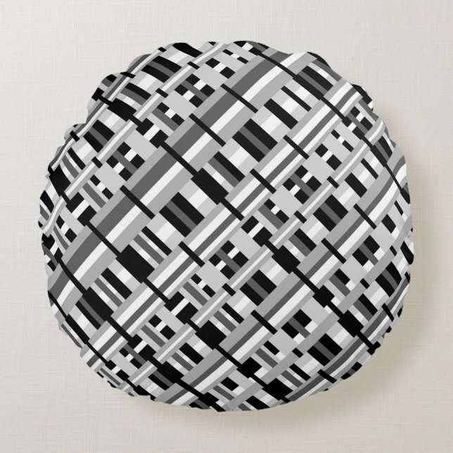 Plaid in Black White & Grey Diagonal  Round Pillow (Front)