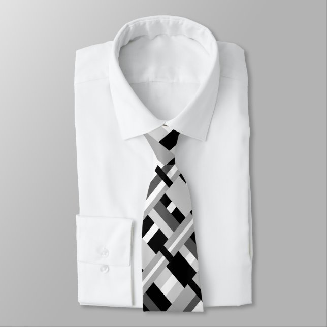 Plaid in Black, White & Grey Modern Pattern Tie (Tied)
