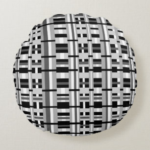 Plaid in Black White & Grey Round Pillow