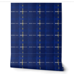 plaid in blue on blues, gold, & silver wallpaper