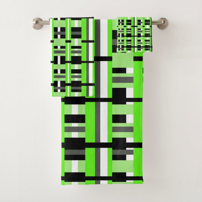 Plaid in Lime Green, Black & Grey Bath Towel Set (Insitu)