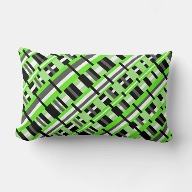 Plaid in Lime Green, Black & Grey Diagonal Lumbar Pillow (Front)