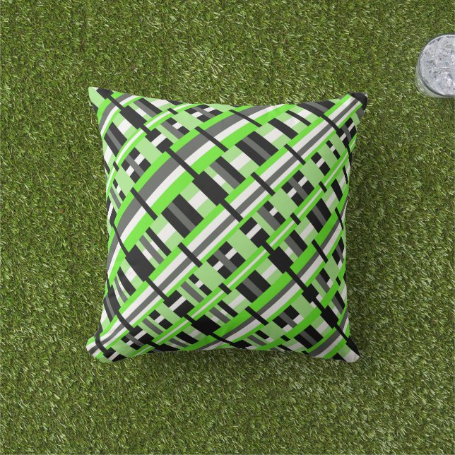 Plaid in Lime Green, Black & Grey Diagonal Throw Pillow (Grass)