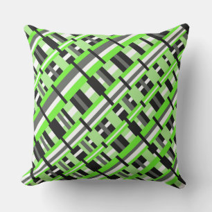 Plaid in Lime Green, Black & Grey Diagonal Throw Pillow
