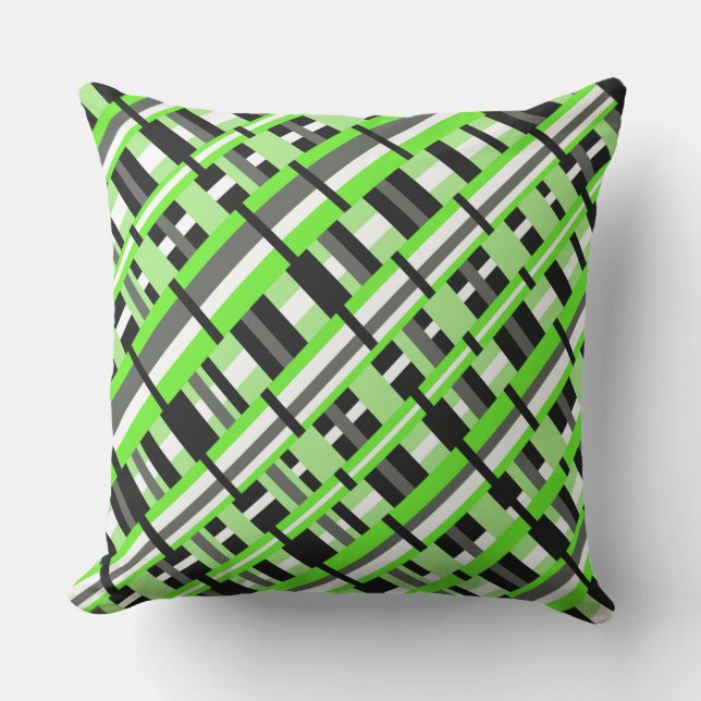 Plaid in Lime Green, Black & Grey Diagonal Throw Pillow (Front)