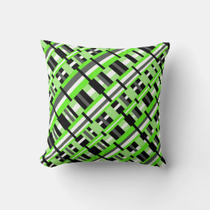 Plaid in Lime Green, Black & Grey Diagonal Throw Pillow