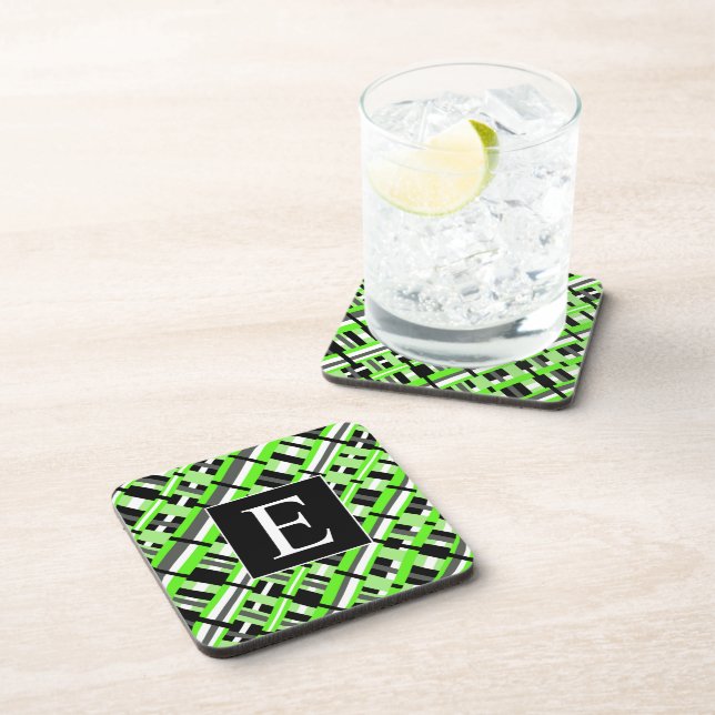Plaid in Lime Green, Black & Grey Monogram Coaster (Right Side)