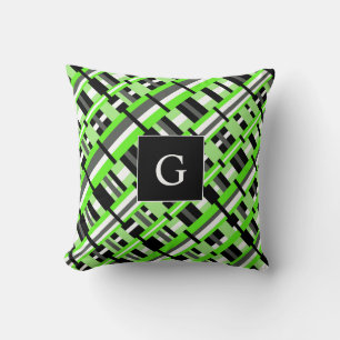 Plaid in Lime Green, Black & Grey Monogram Throw Pillow