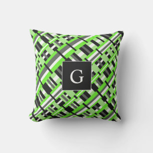 Plaid in Lime Green, Black & Grey Monogram Throw Pillow