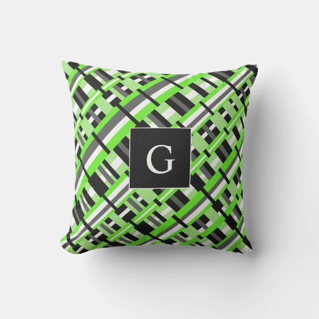 Plaid in Lime Green, Black & Grey Monogram Throw Pillow (Front)