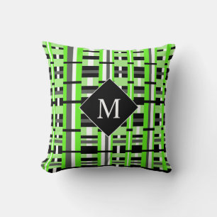 Plaid in Lime Green, Black & Grey Monogram Throw Pillow