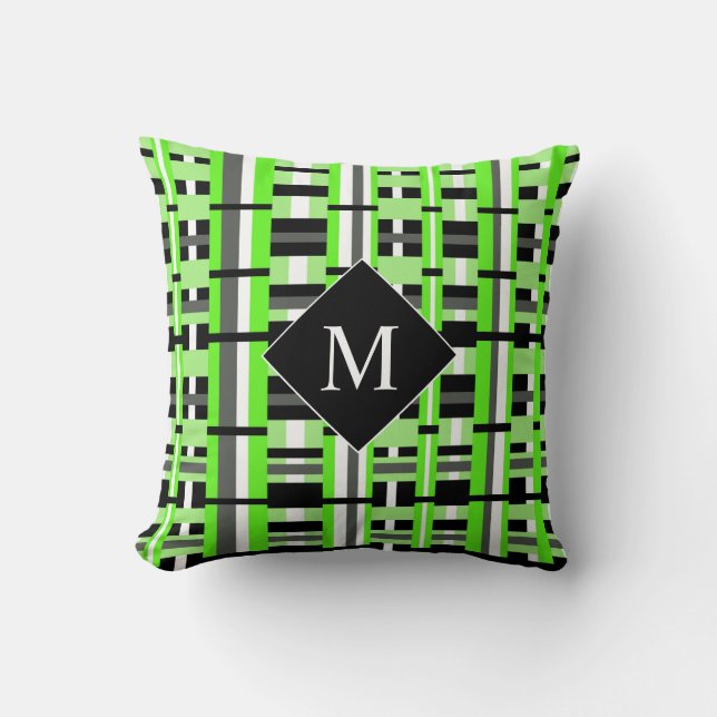 Plaid in Lime Green, Black & Grey Monogram Throw Pillow (Front)
