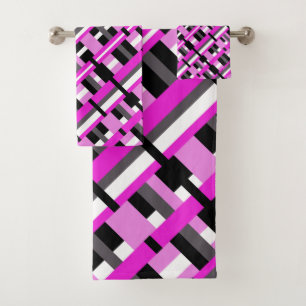 Plaid in Pink, Black & Gray Diagonal  Bath Towel Set