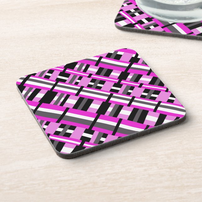 Plaid in Pink, Black & Grey Diagonal Coaster (Left Side)