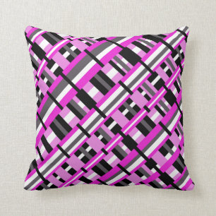 Plaid in Pink, Black & Grey Diagonal Throw Pillow