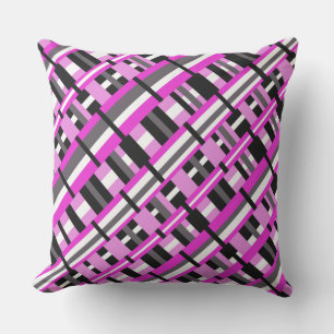 Plaid in Pink, Black & Grey Diagonal Throw Pillow