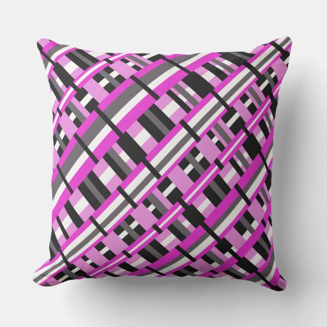 Plaid in Pink, Black & Grey Diagonal Throw Pillow (Front)