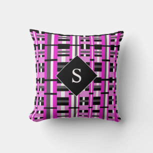Plaid in Pink, Black & Grey Monogrammed Throw Pillow