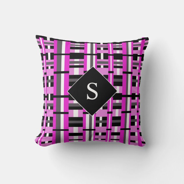 Plaid in Pink, Black & Grey Monogrammed Throw Pillow (Front)