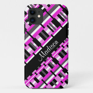 Plaid in Pink, Black & Grey Personalize Name iPhone 11 Case