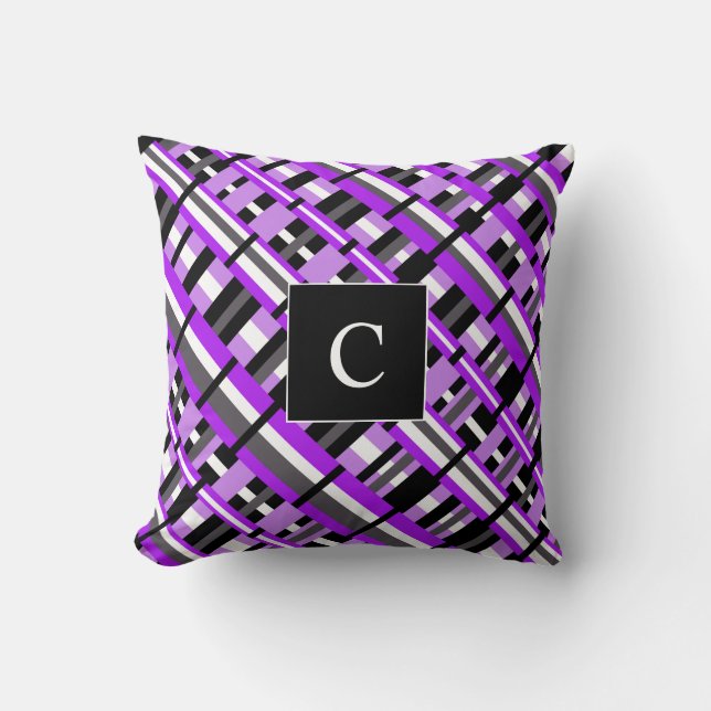 Plaid in Purple, Black & Grey Diagonal Monogram Throw Pillow (Front)