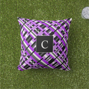 Plaid in Purple, Black & Grey Diagonal Monogram Throw Pillow