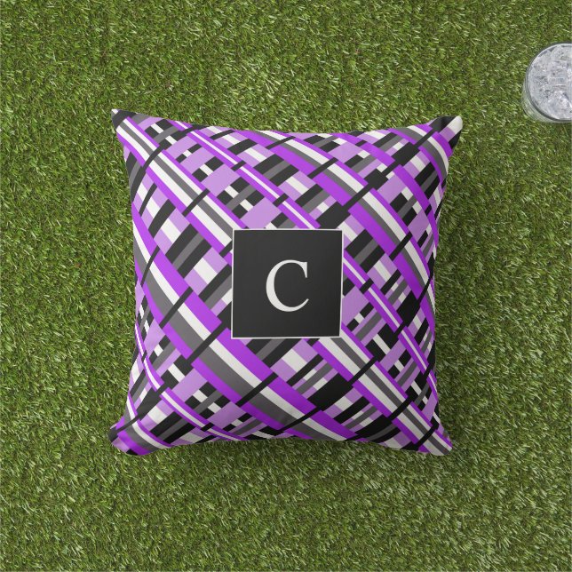 Plaid in Purple, Black & Grey Diagonal Monogram Throw Pillow (Grass)