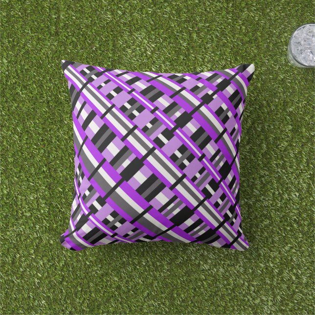 Plaid in Purple, Black & Grey Diagonal Throw Pillow (Grass)