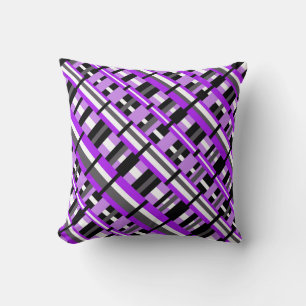 Plaid in Purple, Black & Grey Diagonal Throw Pillow