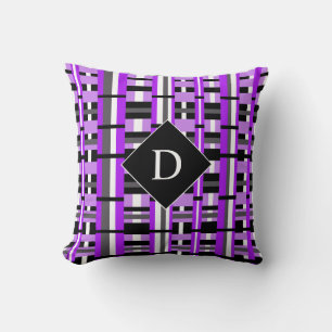 Plaid in Purple, Black & Grey Monogram Throw Pillow