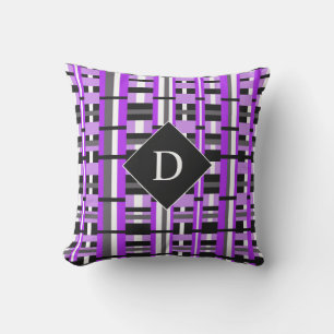 Plaid in Purple, Black & Grey Monogram Throw Pillow