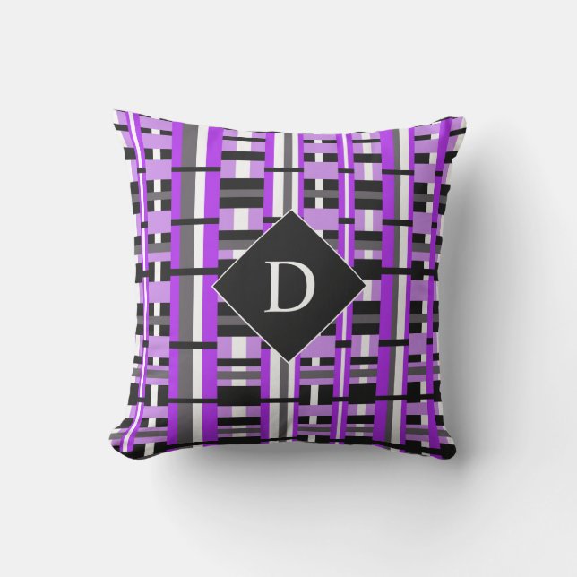 Plaid in Purple, Black & Grey Monogram Throw Pillow (Front)