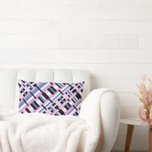 Plaid in Slate Blue, Orchid, Black & White Lumbar Pillow