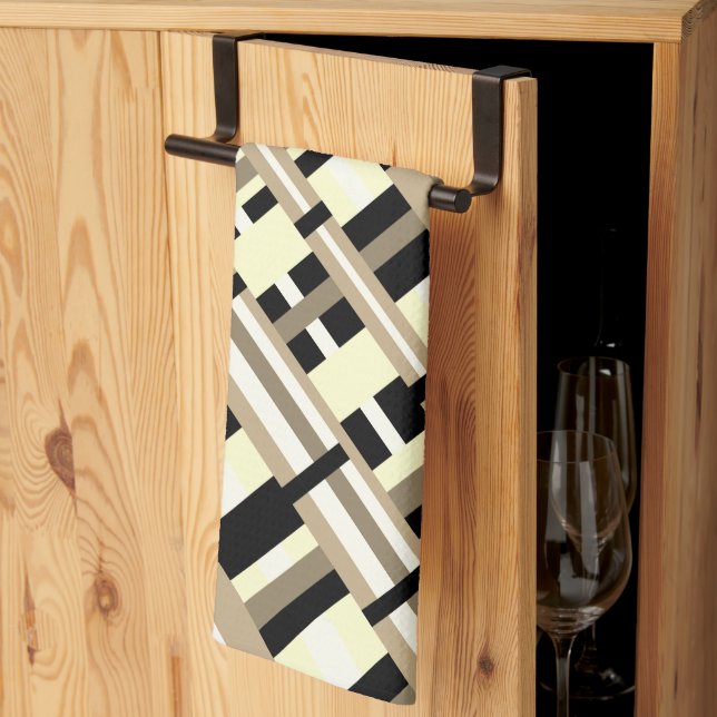 Plaid in Taupe, Tan, Black, White Diagonal  Kitchen Towel (Thirds Fold)