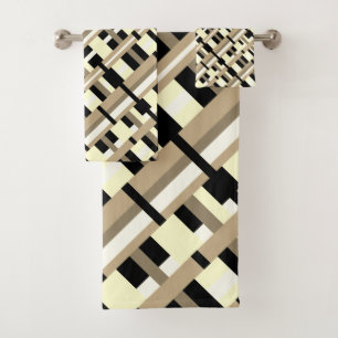 Plaid in Taupe, Tan, Black, White Modern Diagonal Bath Towel Set