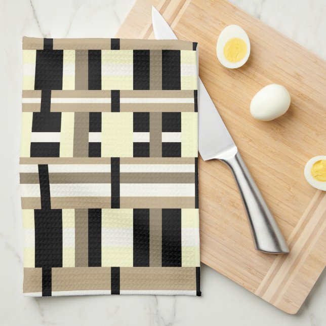 Plaid in Taupe, Tan, Black, White Modern Kitchen Towel (Quarter Fold)