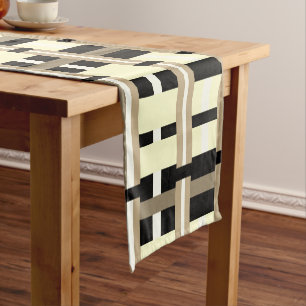 Plaid in Taupe, Tan, Black, White Modern Short Table Runner