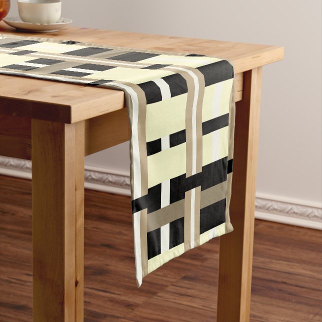 Plaid in Taupe, Tan, Black, White Modern Short Table Runner (In Situ)