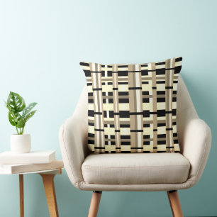 Plaid in Taupe, Tan, Black, White Modern Throw Pillow