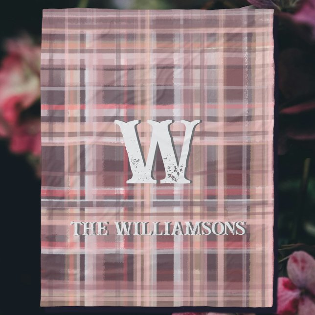 Plaid initial script red blush burgundy peach pink fleece blanket (Creator Uploaded)