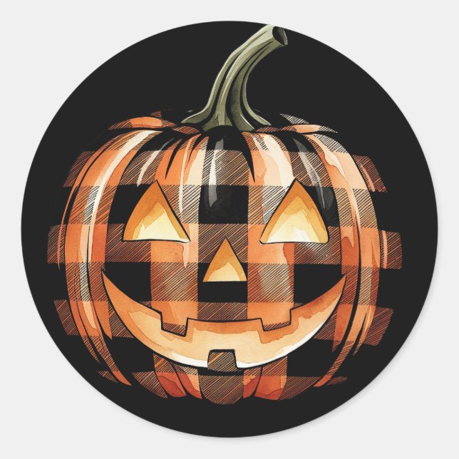 Plaid Jack-O'-Lantern Pumpkin Halloween Classic Round Sticker (Front)