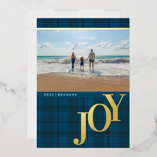 Plaid JOY Blue Real Foil Holiday Card (Envelope)