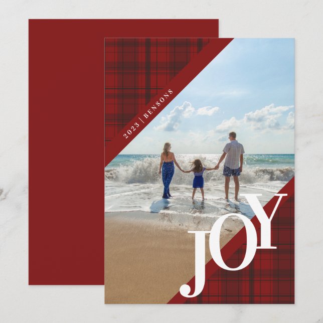 Plaid JOY Diagonal Red Holiday Card (Front/Back)