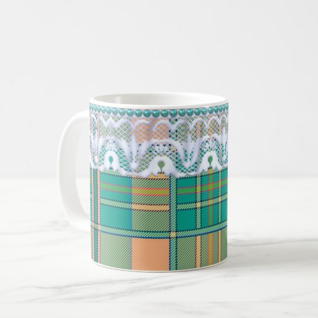 Plaid lace green peach cute coffee mug (Front Left)