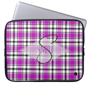Plaid Laptop Cover w violet pink, black and white 