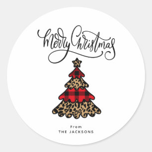 Plaid & Leopard Pattern Christmas Tree Minimalist Classic Round Sticker