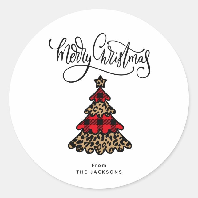 Plaid & Leopard Pattern Christmas Tree Minimalist Classic Round Sticker (Front)