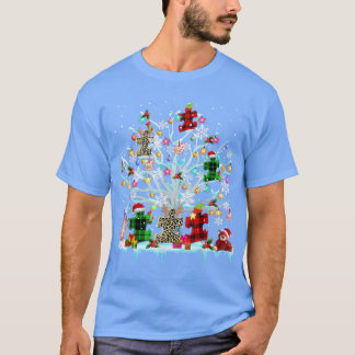 Plaid Leopard Puzzle Pieces On Xmas Tree Autism Aw T-Shirt