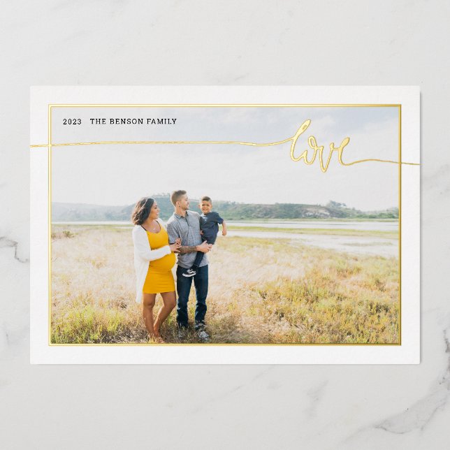 Plaid LOVE Minimal Script Real Foil Holiday Card (Front)